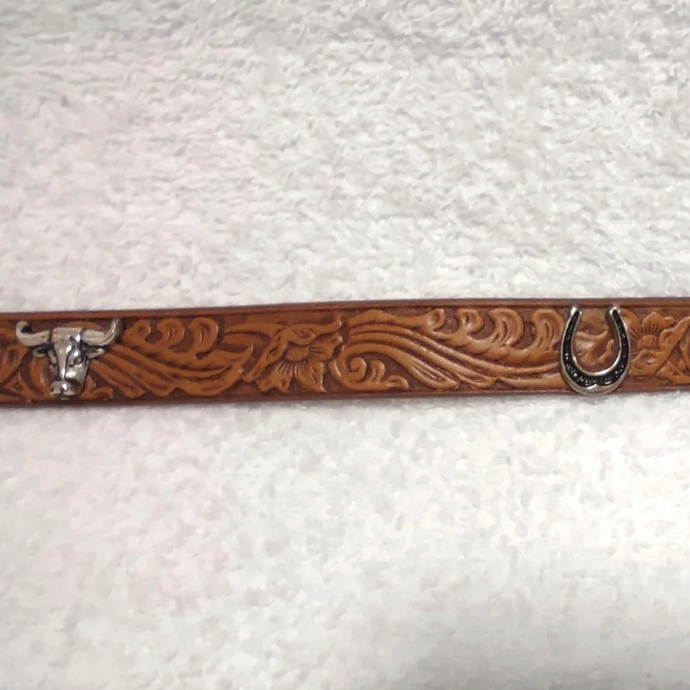 Justin Western Leather Belt Silver Bull Boot Horseshoe Buckle Tooling Size 32